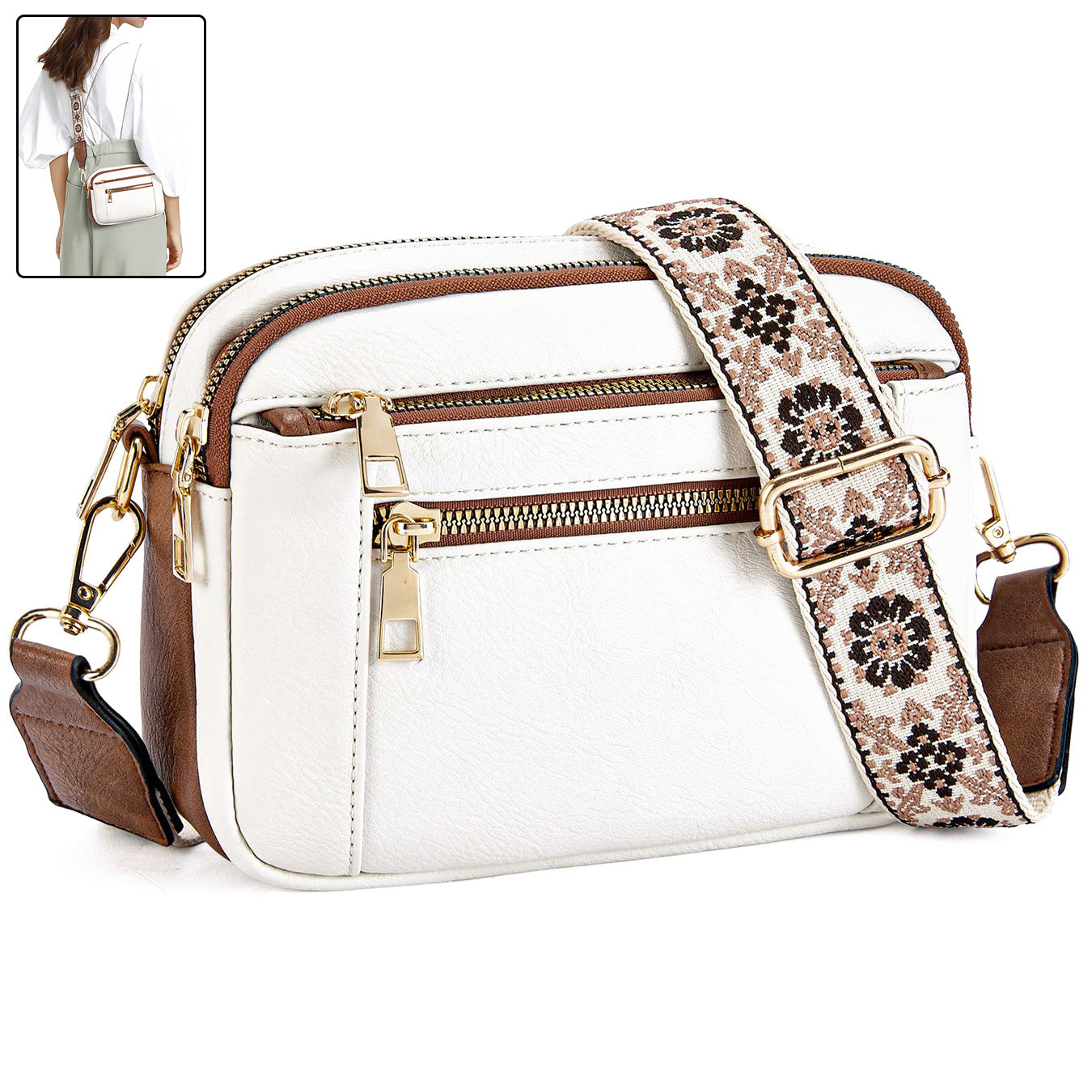 Borsa a Tracolla Triple Zip con Ricamo Floreale | Multicolore da Donna