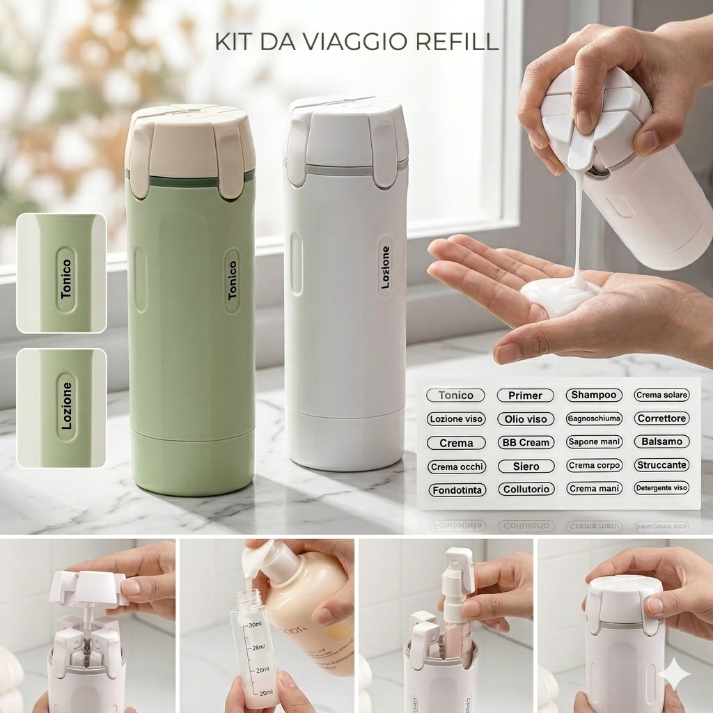Contenitore da viaggio a prova di perdite per profumo, shampoo, balsamo e lozione.